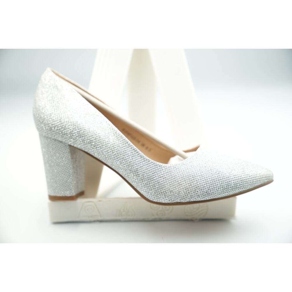 Silver Glitter Block Heel Pumps Women’s Size 8.5 Pointed Toe Dress‎ Shoe